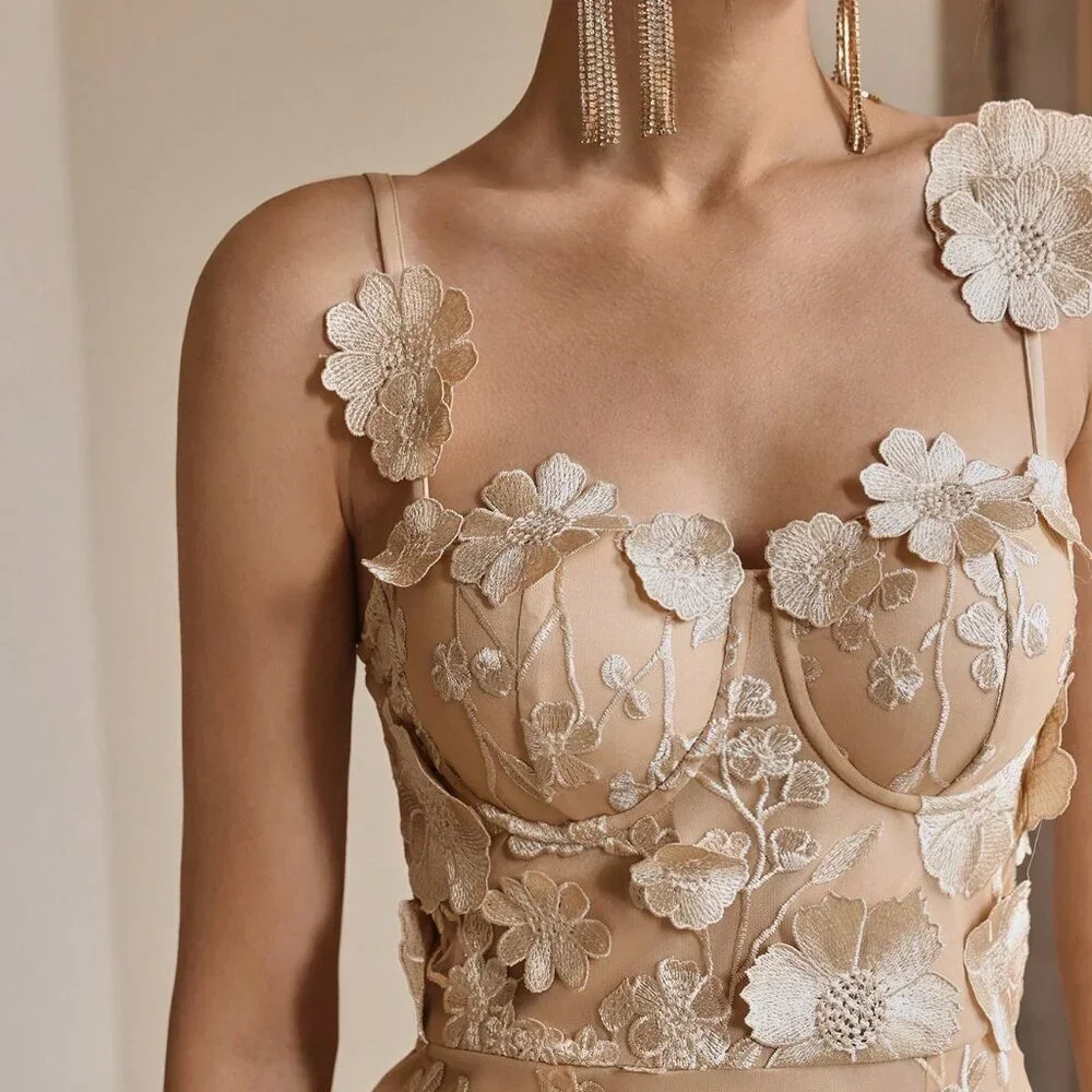 Champagne Elegant Women's French Luxury Floral Embroidery Mesh Camisole Dress